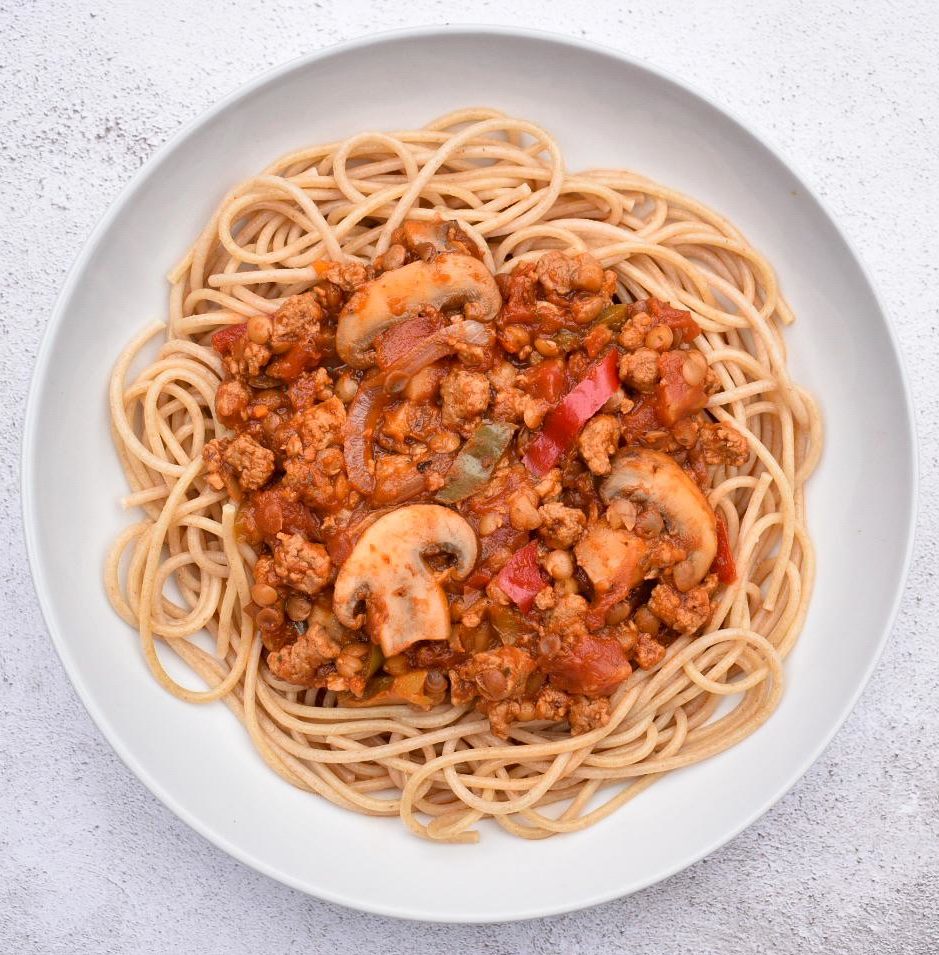 Bowl of Quorn and mushroom bolognese served on spaghetti