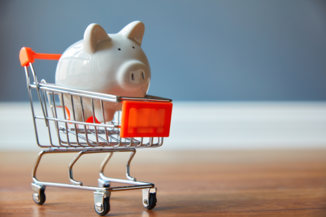 3 a piggy bank in a shopping trolley