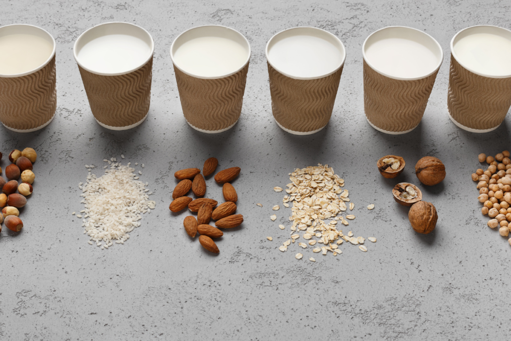 A selection of plant-based milks in coffee cups
