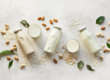 plant based milks in glass bottles