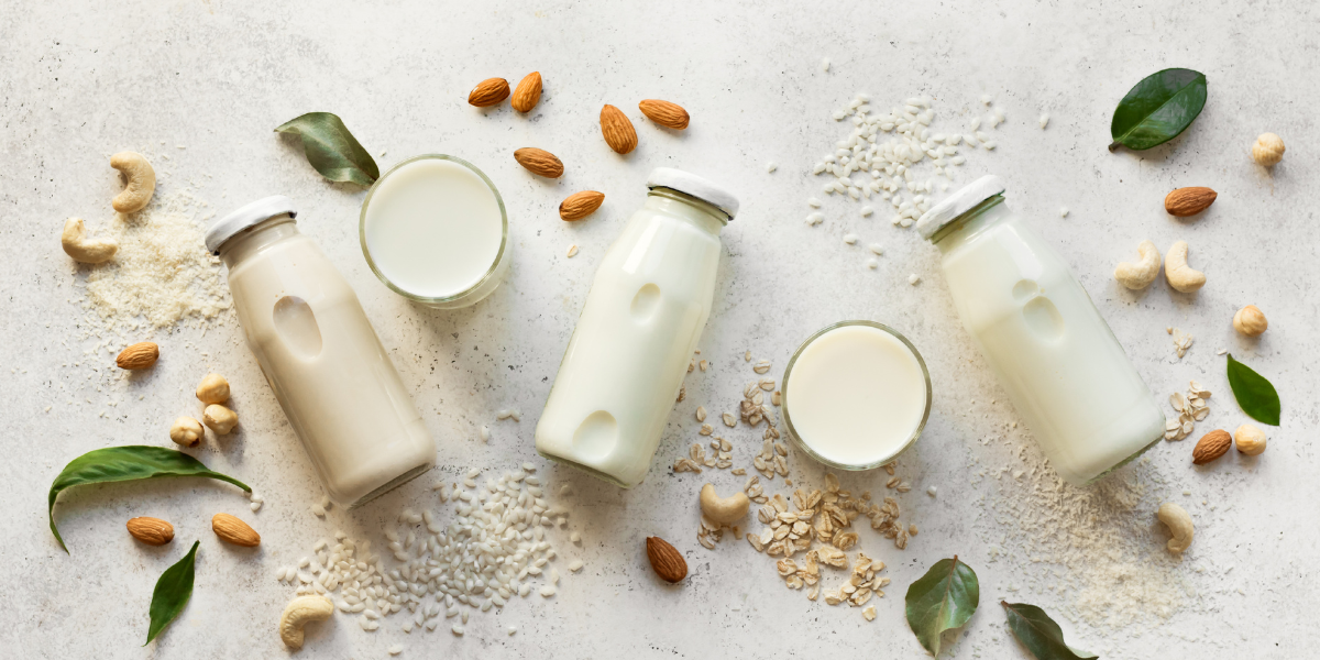 plant based milks in glass bottles